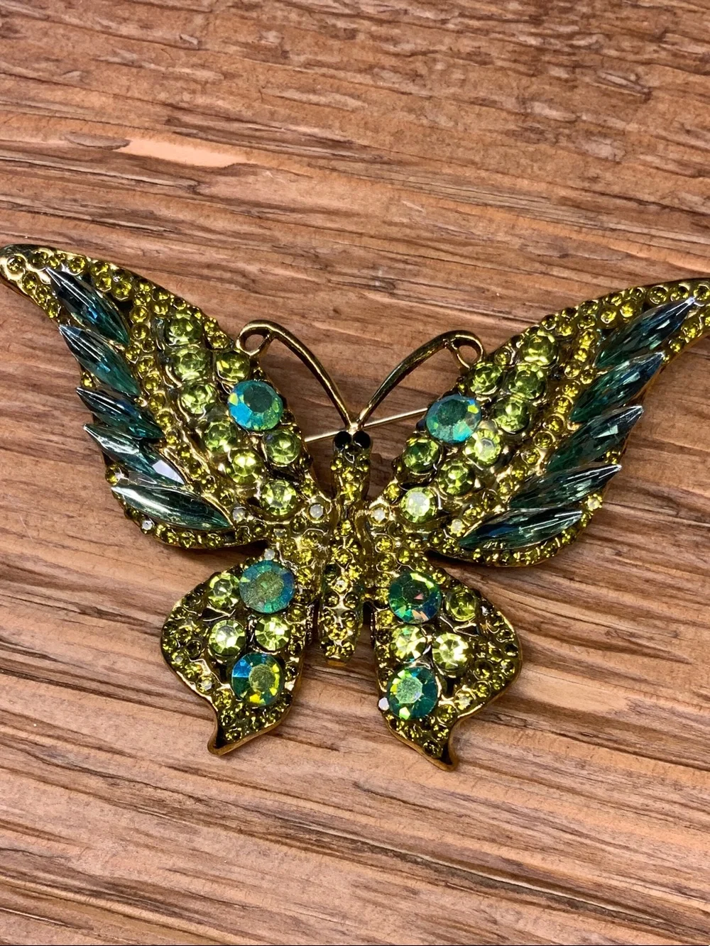 Green and Teal Crystal Butterfly Vintage Style Gold Tone Brooch